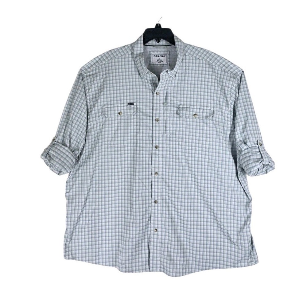 Poncho Bird Island Fishing Shirt Mens 3XL Blue Gingham Magnetic Pocket LS Vented - Picture 3 of 16